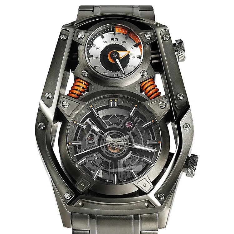 Fashion and Leisure Grey Stainless Steel Watch for Man Mechanical Quartz DUAL MOVEMENT Wristwatch Water Resistance Mens Watch